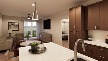 a rendering of a kitchen and living room in an apartment at The Virginia, Seguin, TX 78155